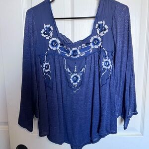 Free People Blue Embroidered Blouse